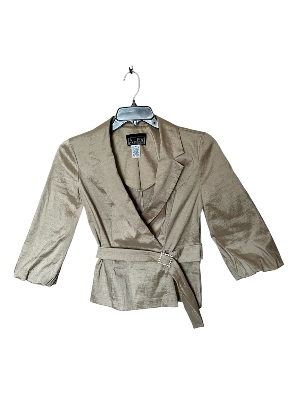 Alex Evenings Shimmer Champagne Gold Crystal Buckle Belted Blouse Size Medium